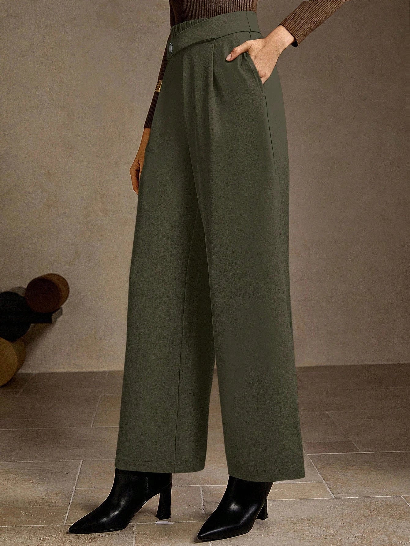 High-Waisted Wide-Leg Button-Front Classic Pants-Multicolor
