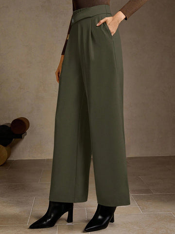 High-Waisted Wide-Leg Button-Front Classic Pants-Multicolor