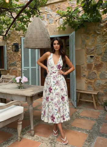 Floral Print Halter Neck Tie Back Midi Dress