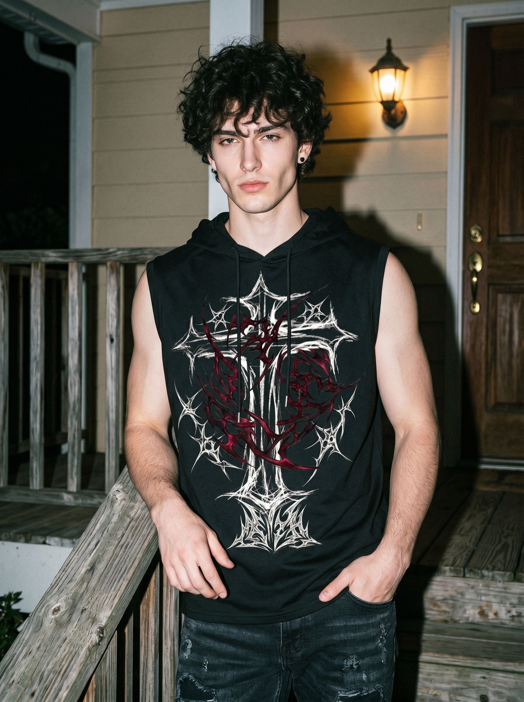 Graphic Print Hooded Sleeveless Tank Top