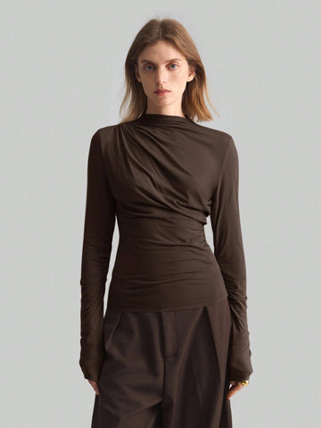 Ruched Mock Neck Long Sleeve Tee