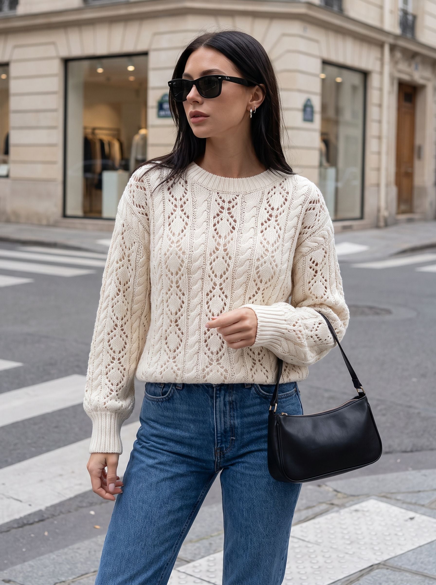 Chic Open Knit Crewneck Pullover Sweater