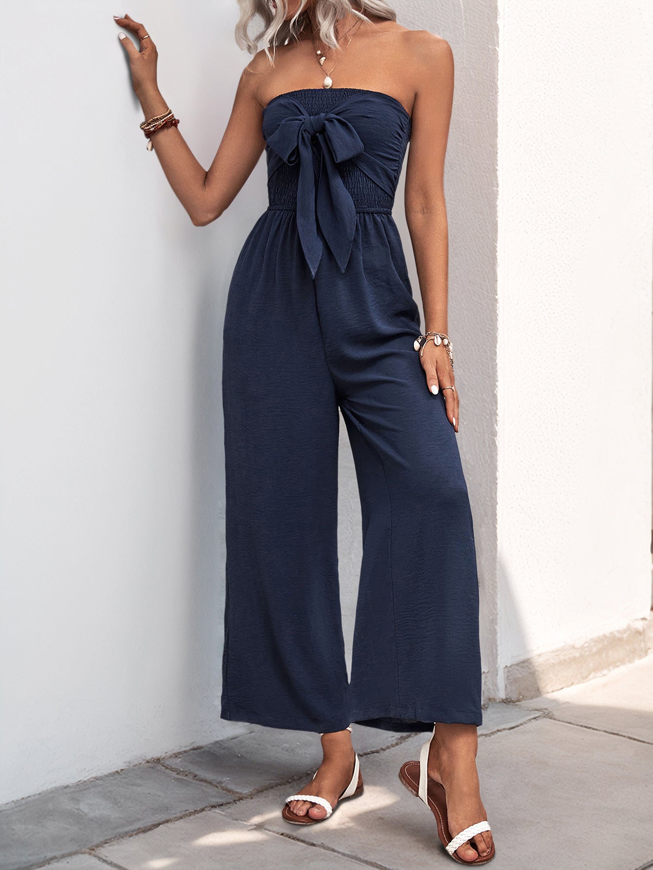 Strapless Bow Detail Elegant Jumpsuit-Multicolor