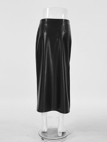 High Slit Faux Leather Midi Skirt
