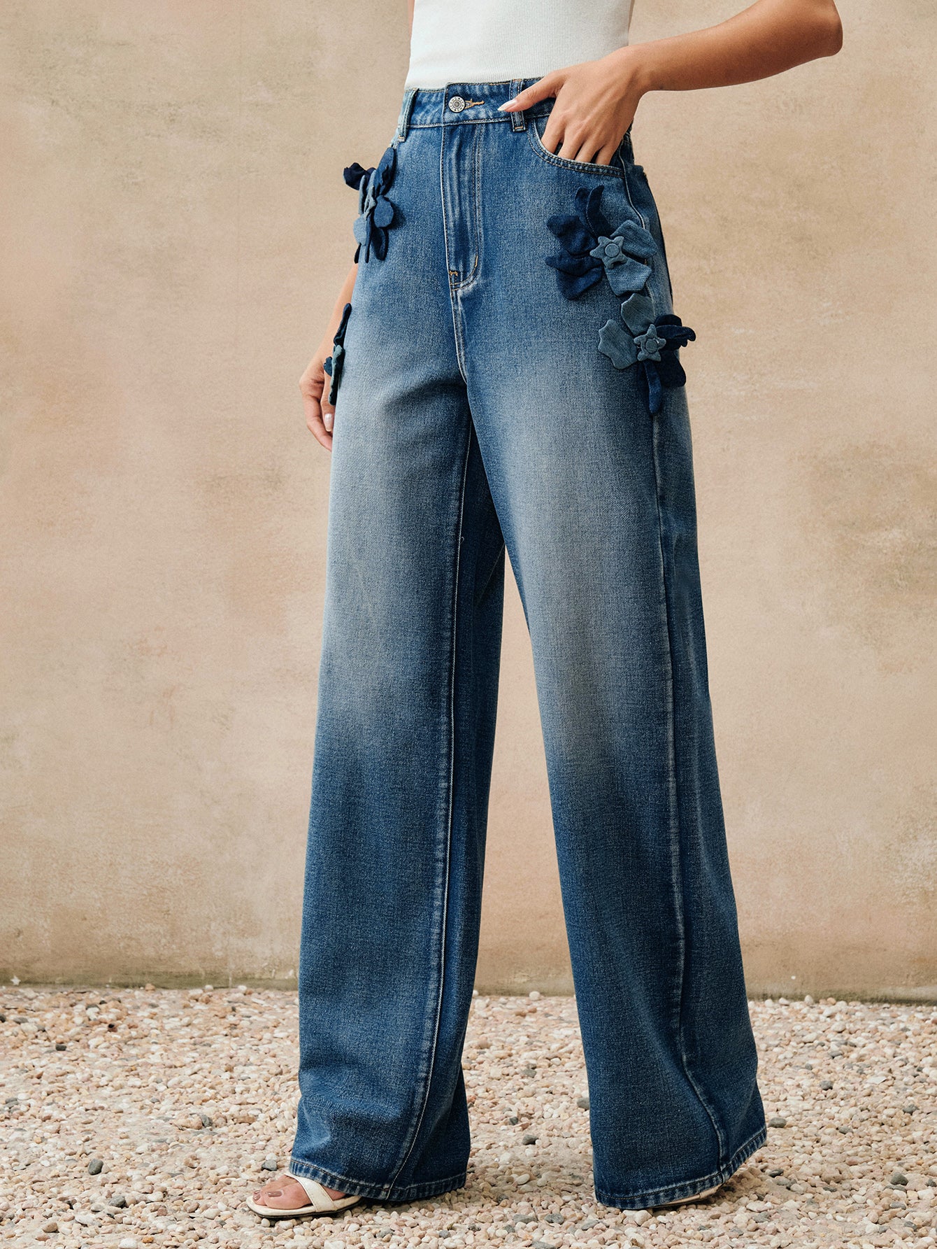 Floral Applique High Waisted Wide Jeans