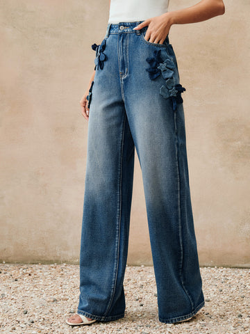 Floral Applique High Waisted Wide Jeans