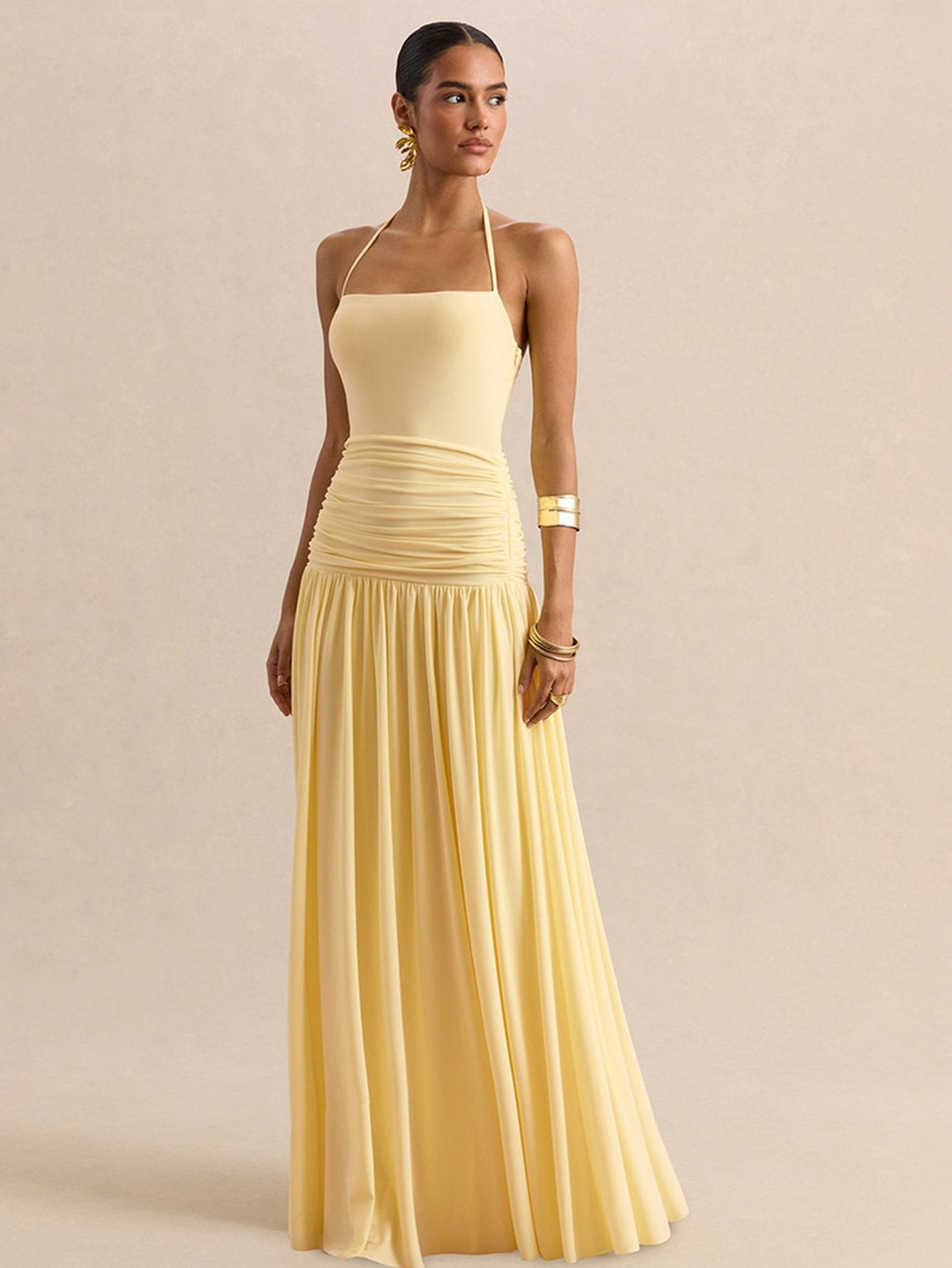Ruched Halter Neck Maxi Dress
