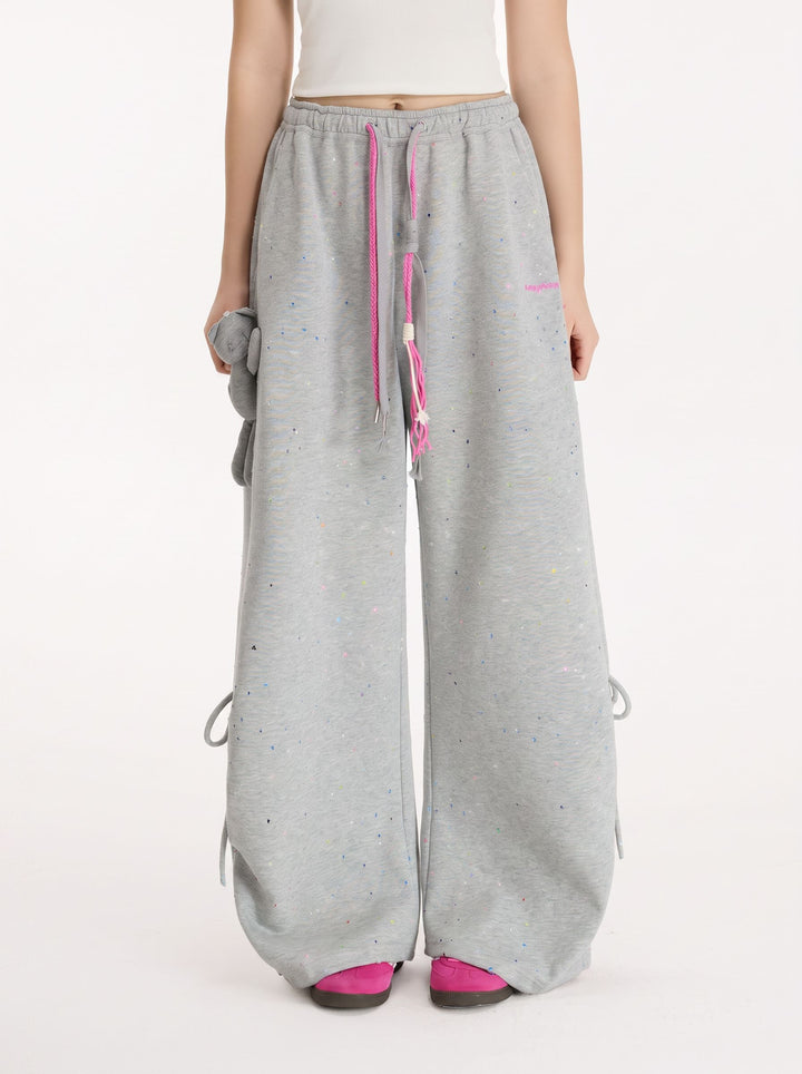 Drawstring Splatter Print Wide Leg Pants