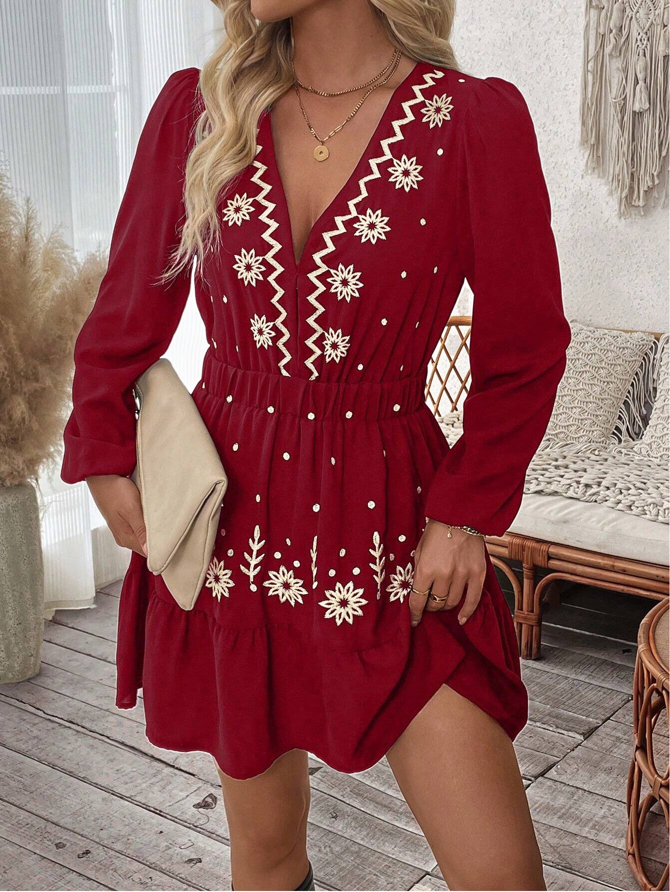 Boho Embroidered V Neck Mini Dress