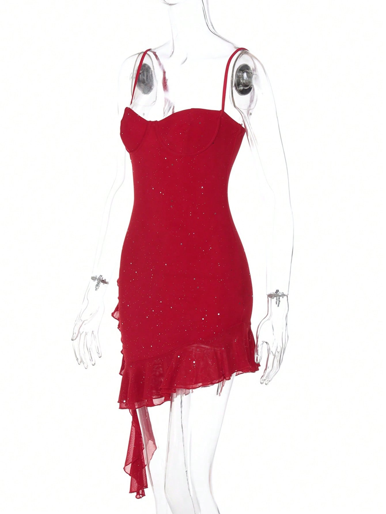 Spahetti Strap Asymmetric Ruffle Sexy Mini Dress-Red