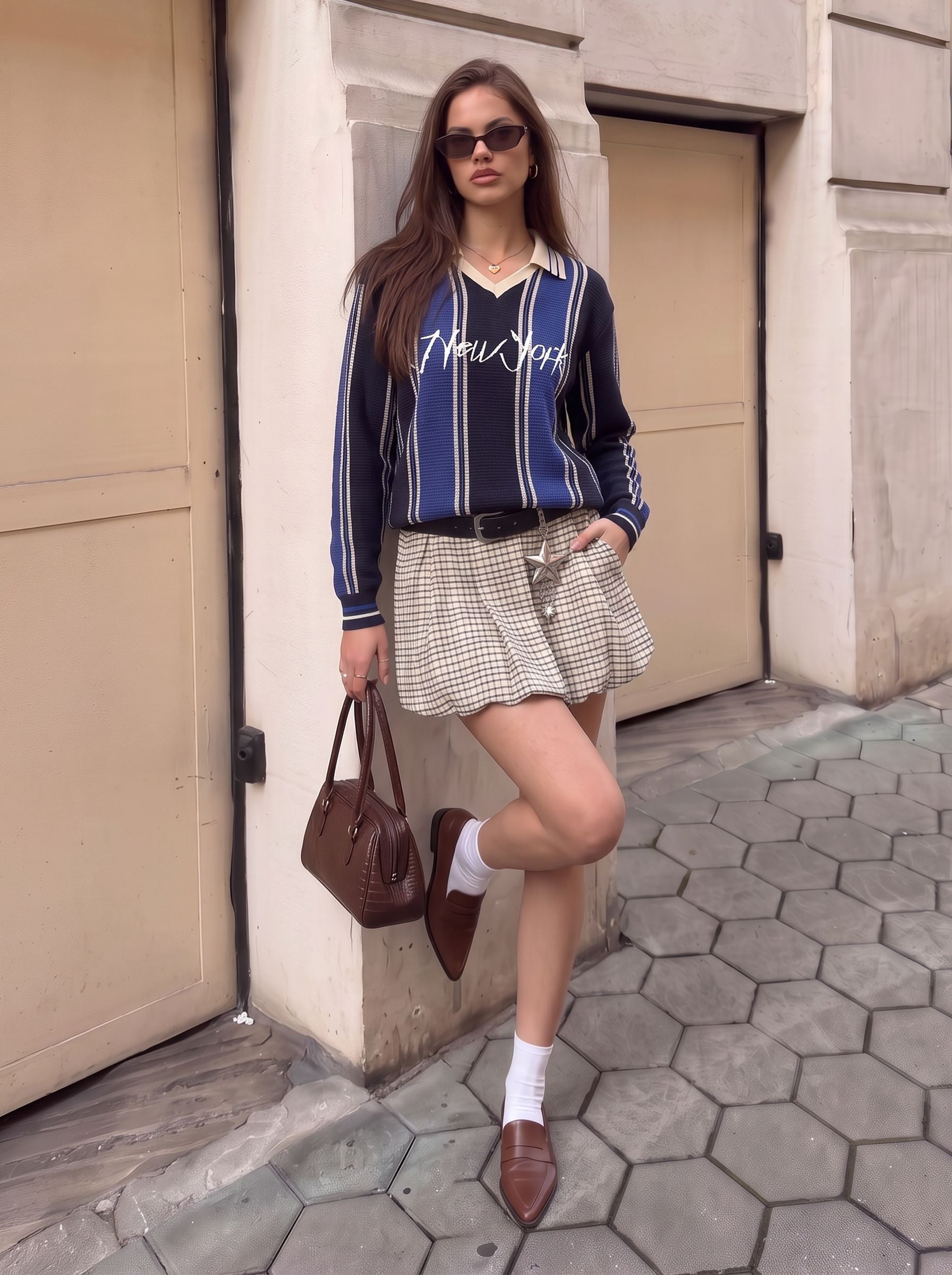 Striped Collared Graphic Knit Pullover Sweater