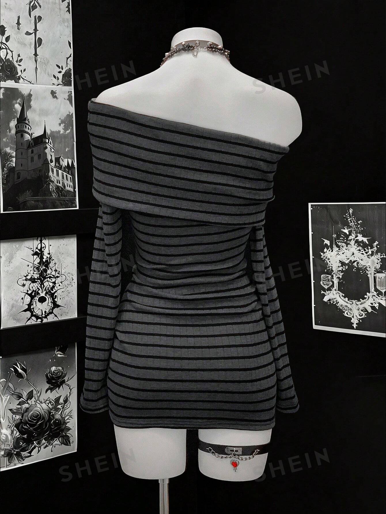 Off Shoulder Striped Ribbed Mini Dress
