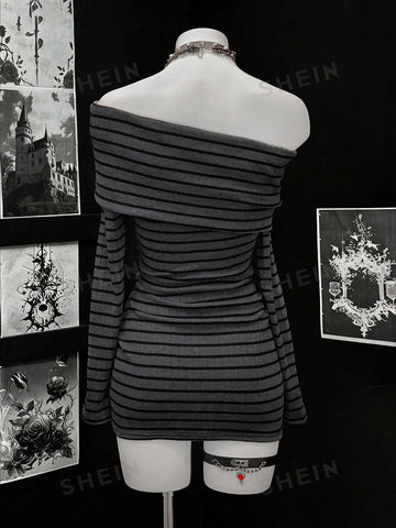 Off Shoulder Striped Ribbed Mini Dress