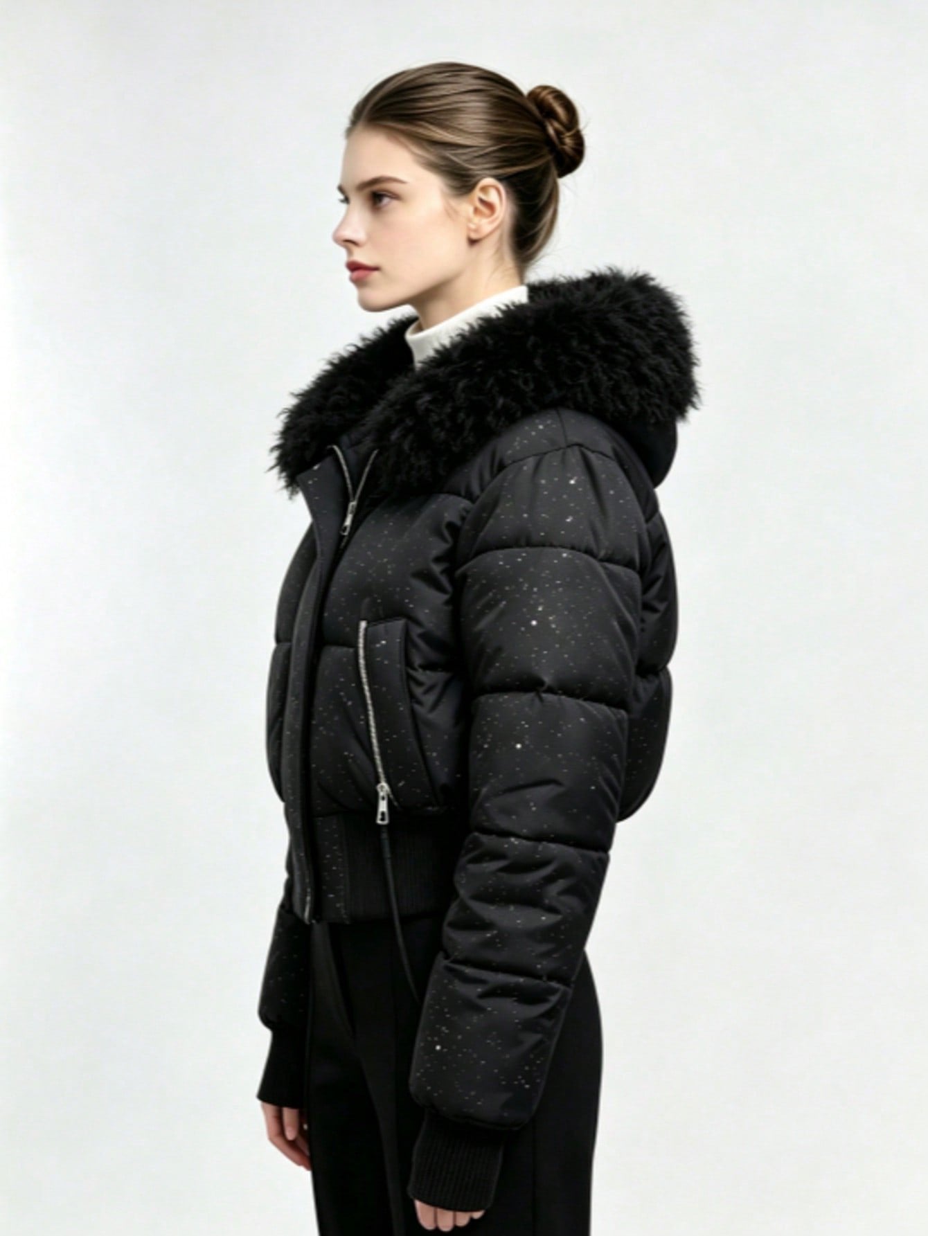 Shimmer Fleece Collar Cropped Puffer Jacket