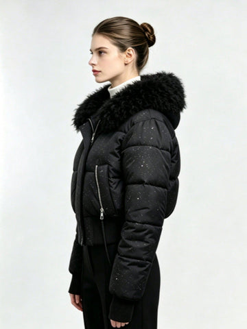Shimmer Fleece Collar Cropped Puffer Jacket