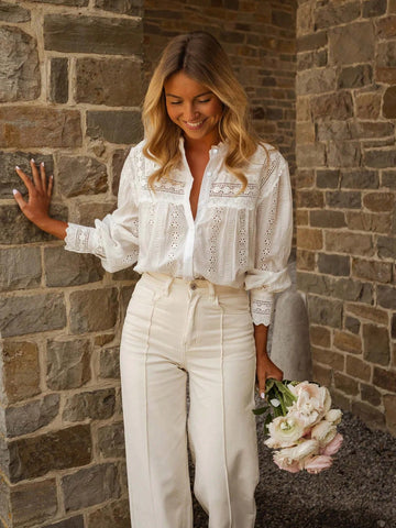 Three-quarter Sleeve Eyelet Detail Romantic Blouse-White