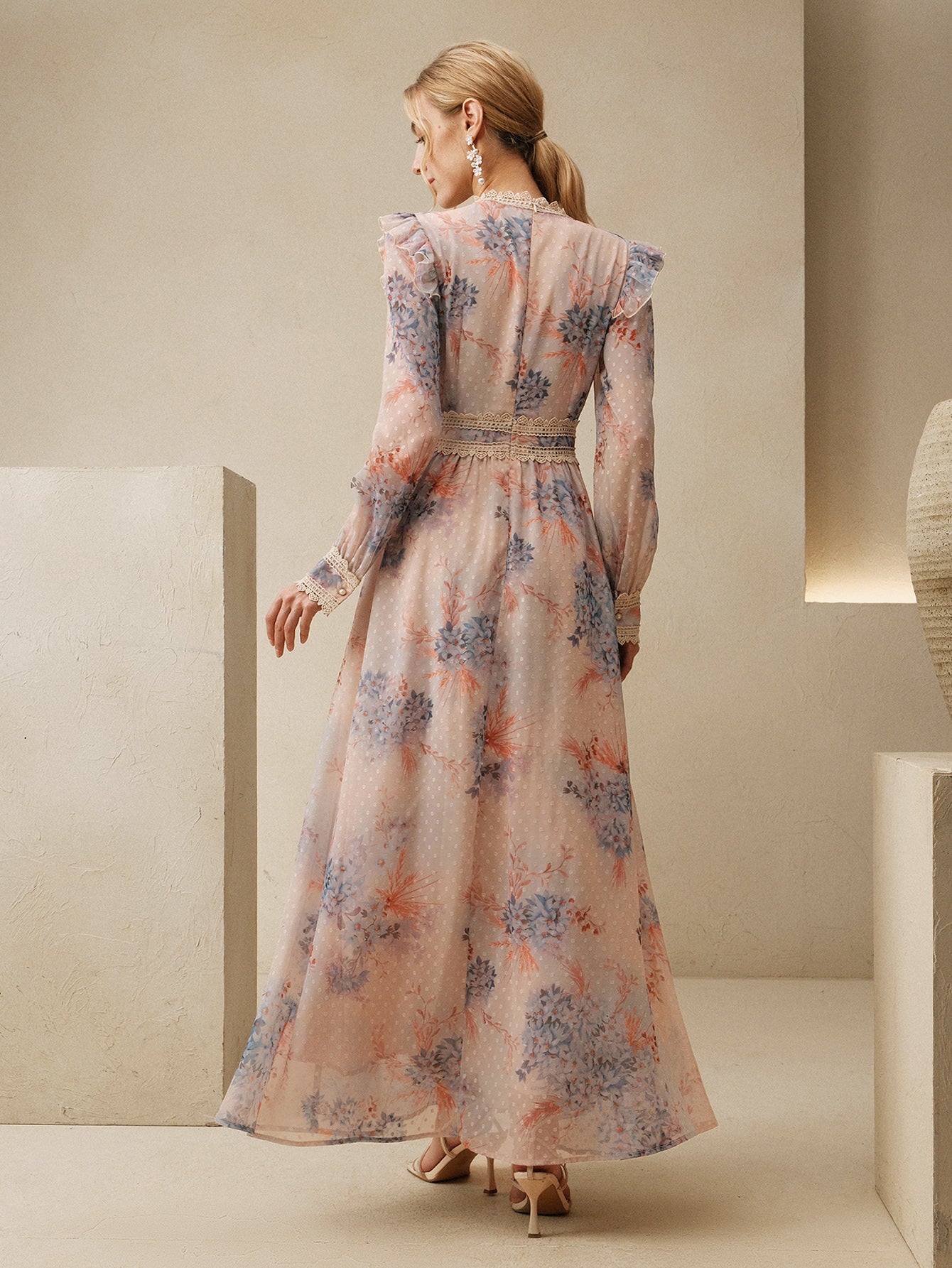Ruffled Lace Floral Chiffon Maxi Dress