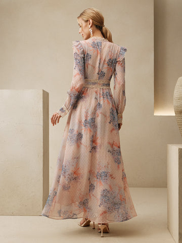 Ruffled Lace Floral Chiffon Maxi Dress