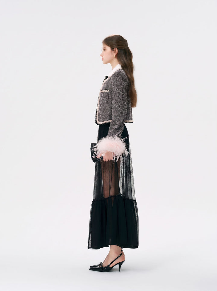 Feather Trim Tweed Cropped Jacket