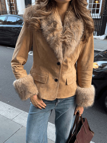 Cozy Faux Fur Trim Suede Jacket