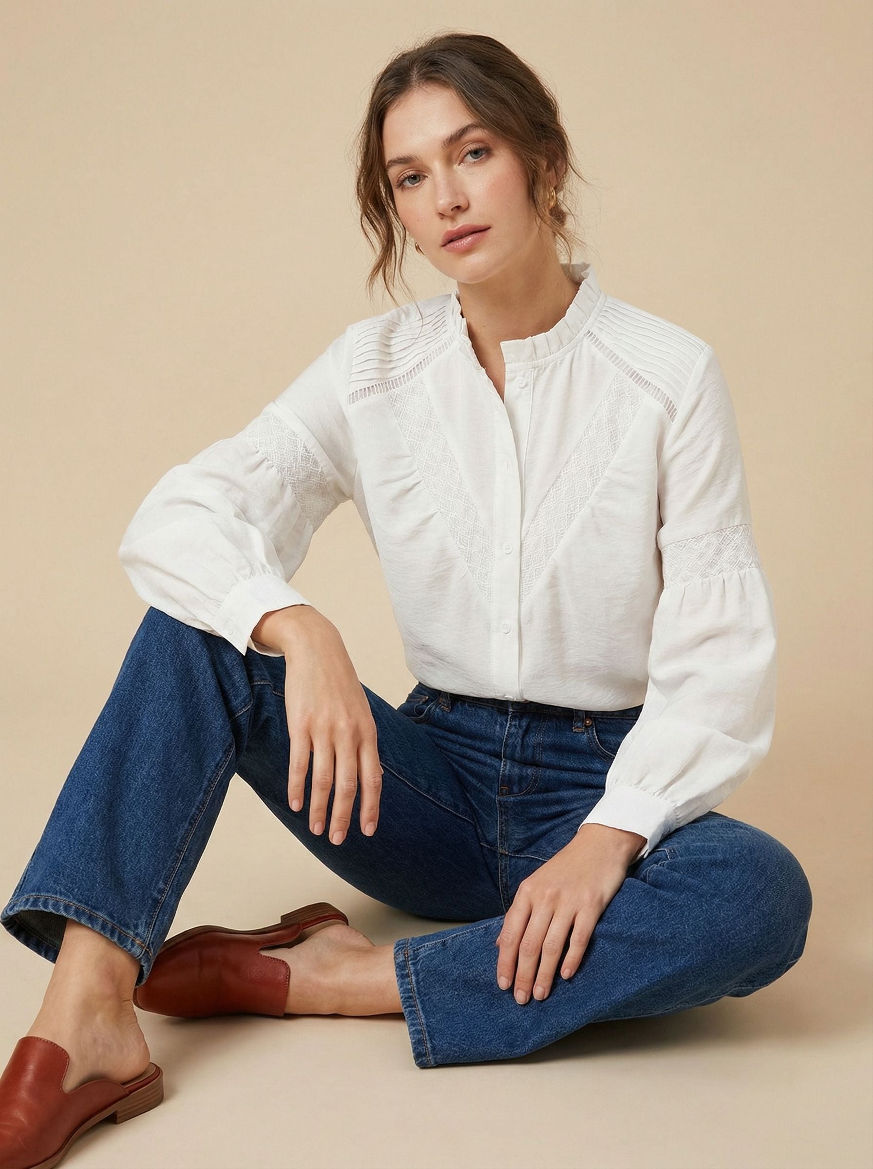 Puff Sleeve Lace Trimmed Casual Shirt-White