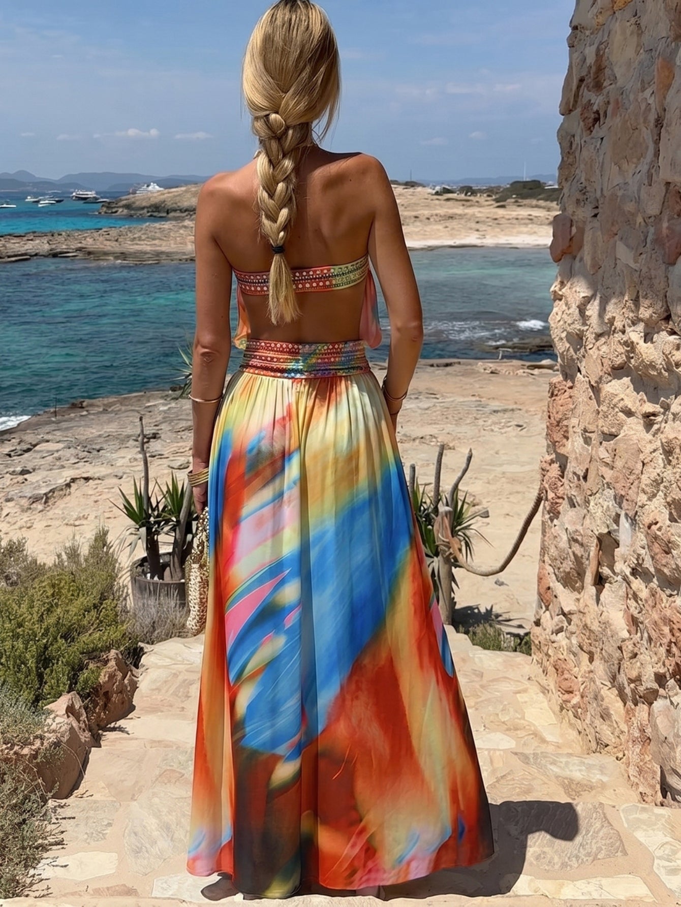 Strapless Tie Dye High Slit Dress