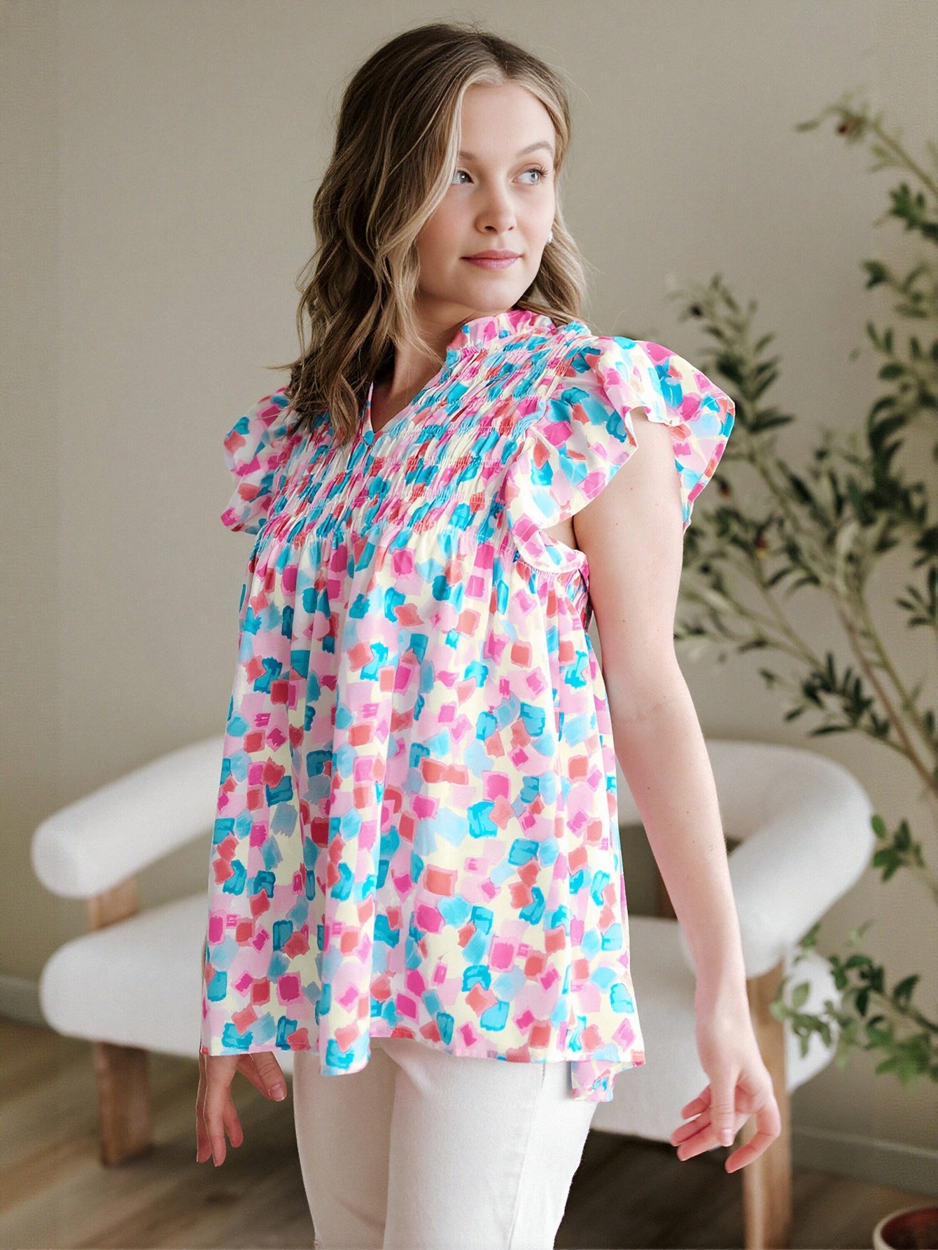 Smocked Bust Flutter Sleeve Blouse
