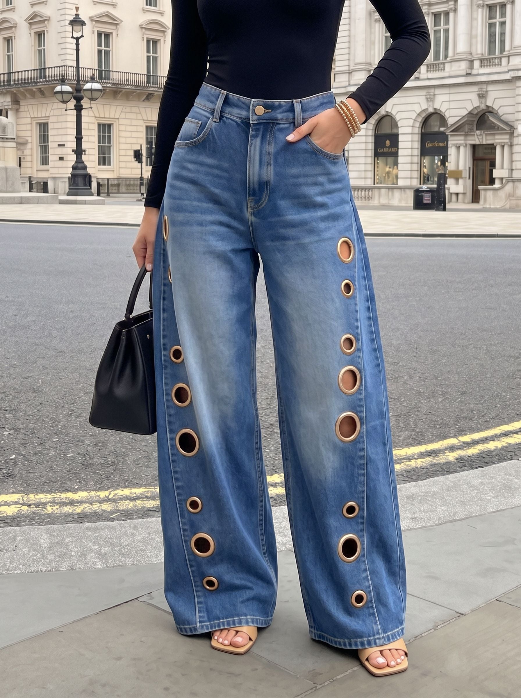 Eyelet Detail Wide Leg Jeans