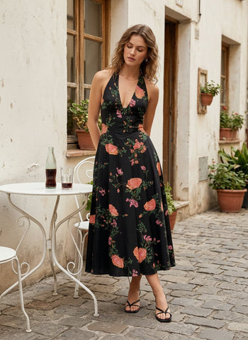 Floral Print Halter Neck Tie Back Midi Dress