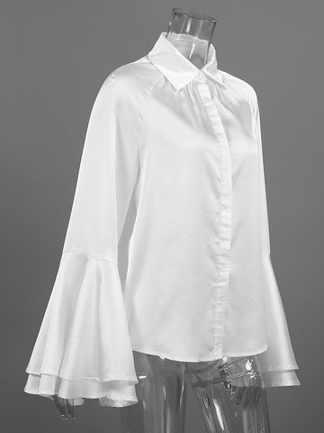 Dramatic Flared Sleeve Satin Button Shirt