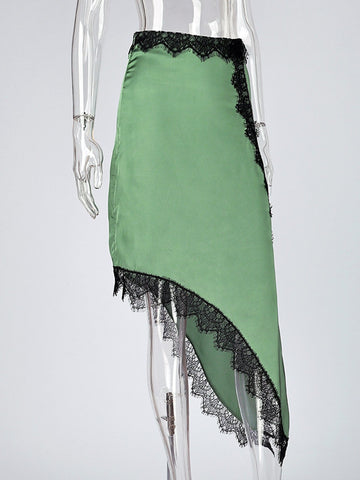 Elegant Lace Trim Satin Midi Skirt