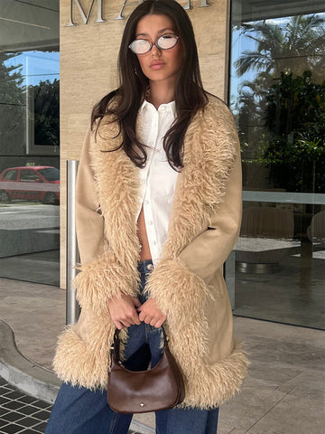 Faux Fur Trim Suede Coat