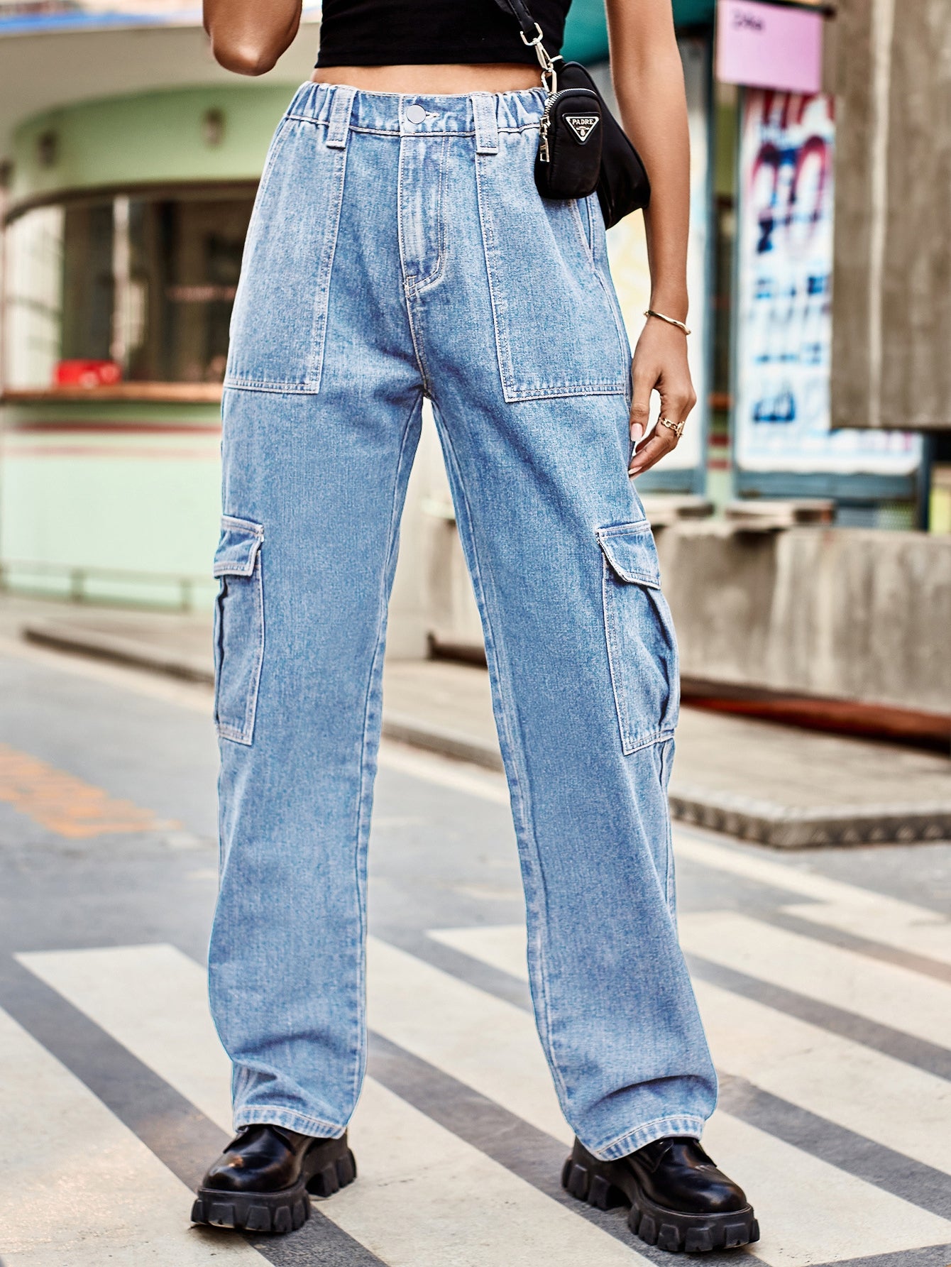 High Waisted Cargo Denim Jeans