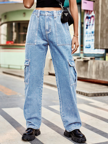 High Waisted Cargo Denim Jeans