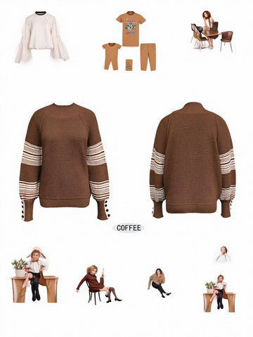 Oversized Button Cuff Thermal Pullover Sweater