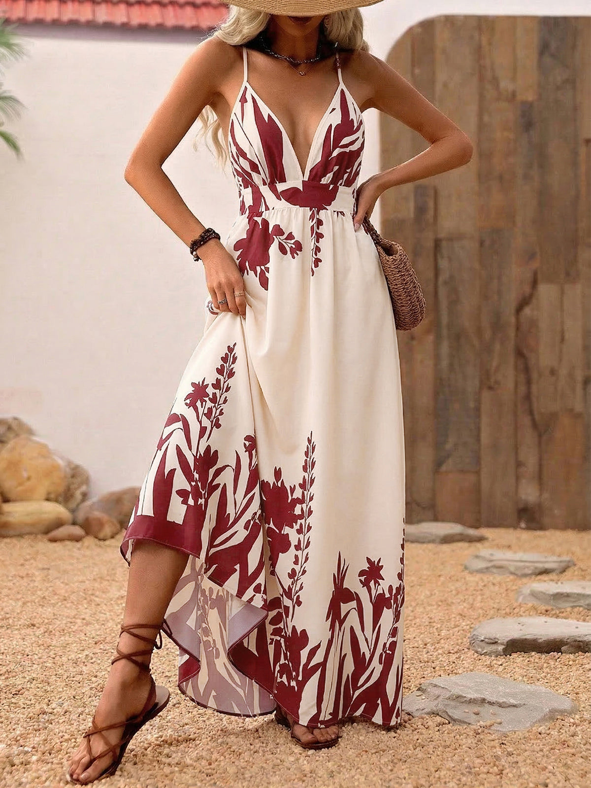 V Neck Floral Print Boho Maxi Dress