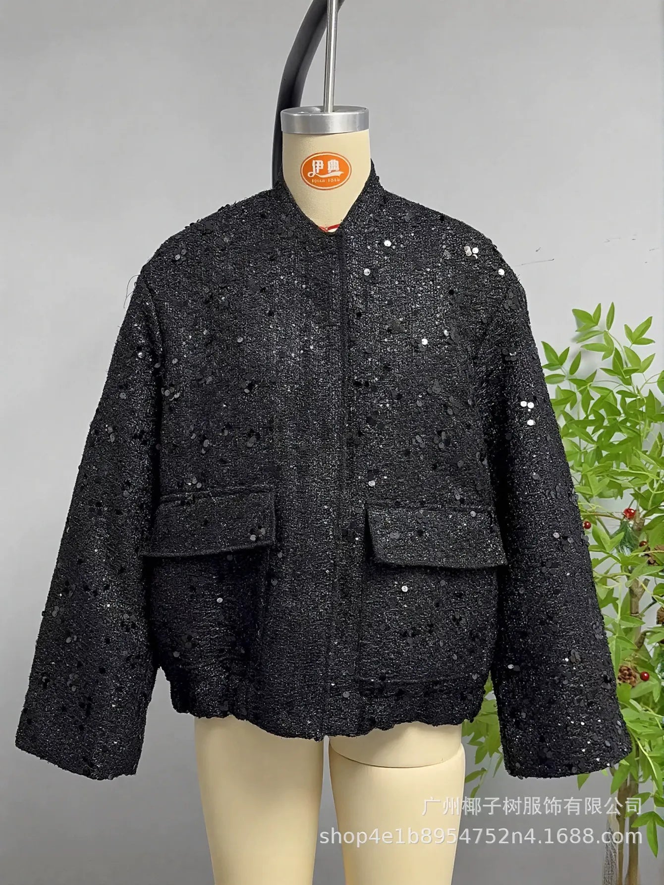 Shimmering Tweed Stand Collar Jacket