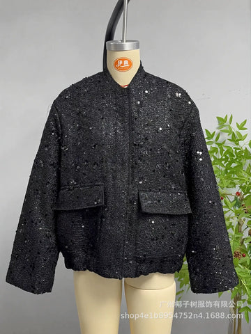Shimmering Tweed Stand Collar Jacket