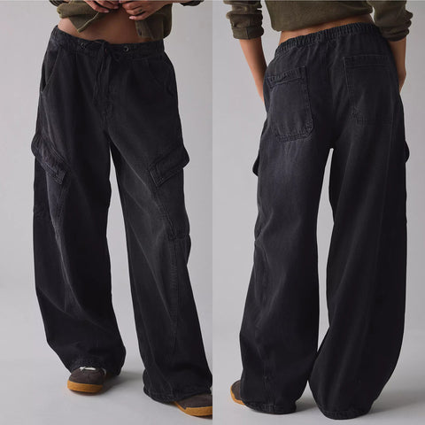 High Waisted Drawstring Cargo Jeans