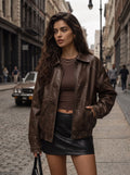Oversized Brown Faux Leather Bomber Jacket