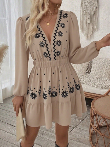 Boho Embroidered V Neck Mini Dress