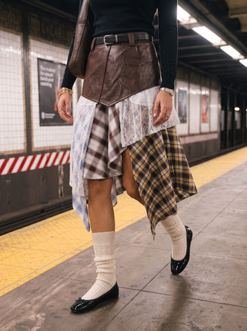 Patchwork Plaid High Waisted Denim Skirt