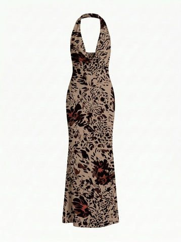 Floral Print Cowl Neck Bodycon Maxi Dress
