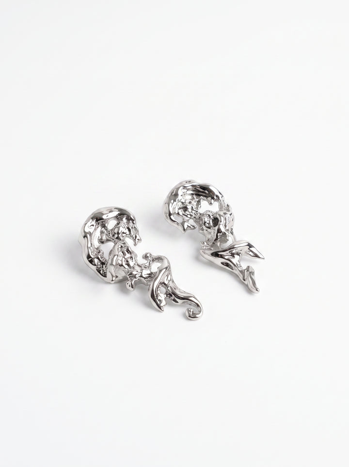 Abstract Liquid Silver Statement Stud Earrings