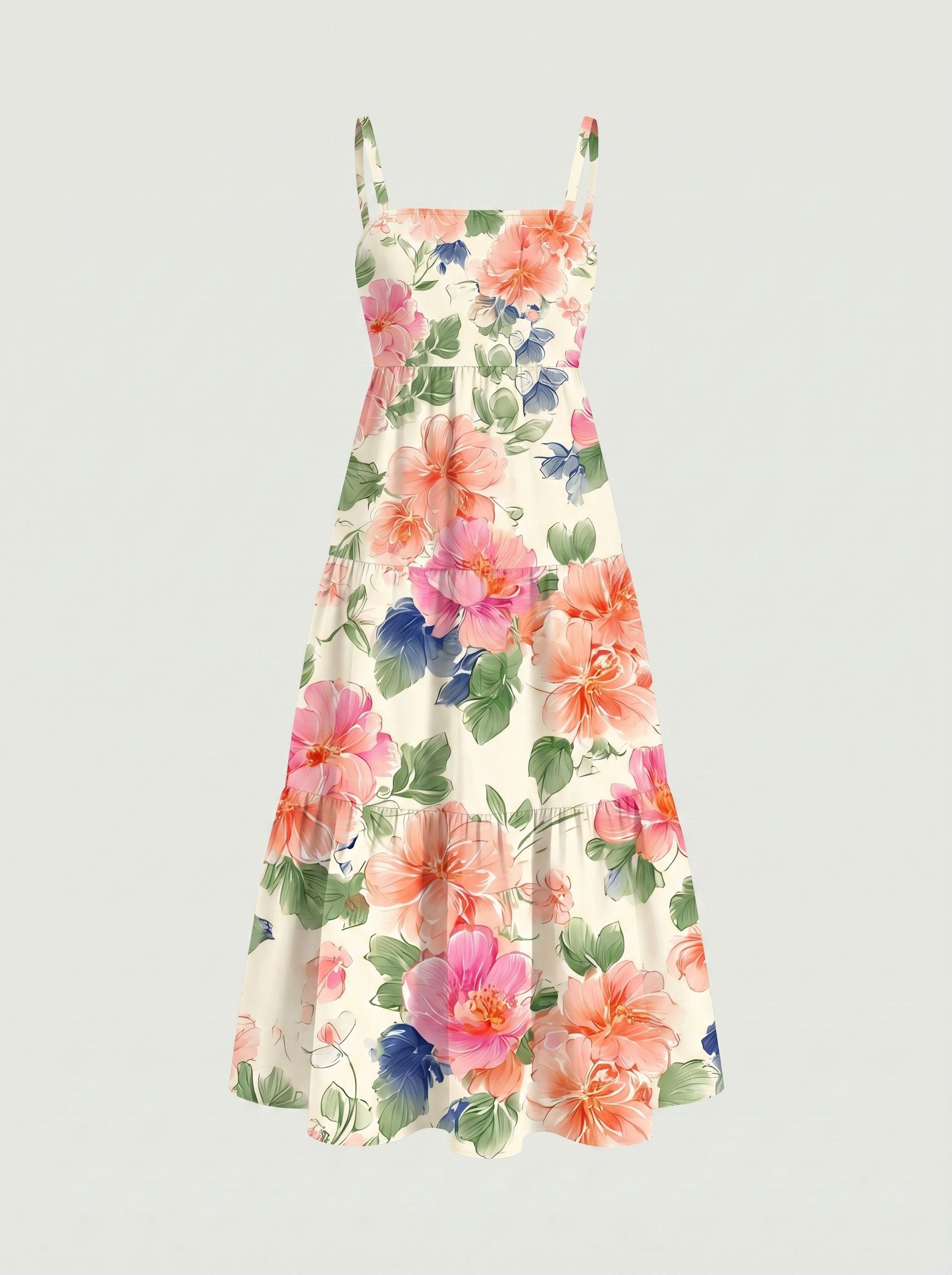 FLORA Floral Print Tiered Strap Midi Dress