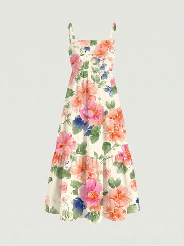 FLORA Floral Print Tiered Strap Midi Dress