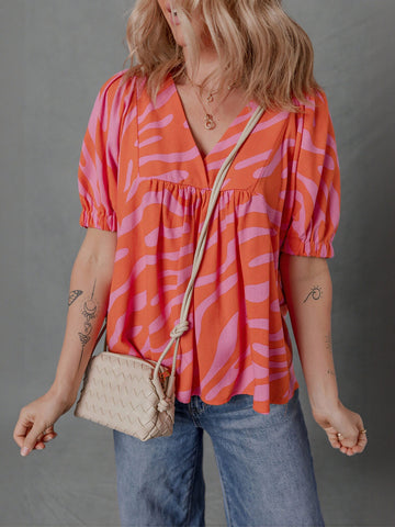 Vibrant Print Puff Sleeve Chiffon Blouse