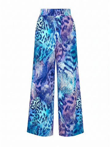 Blue and Purple Leopard Print Wide Leg Pants