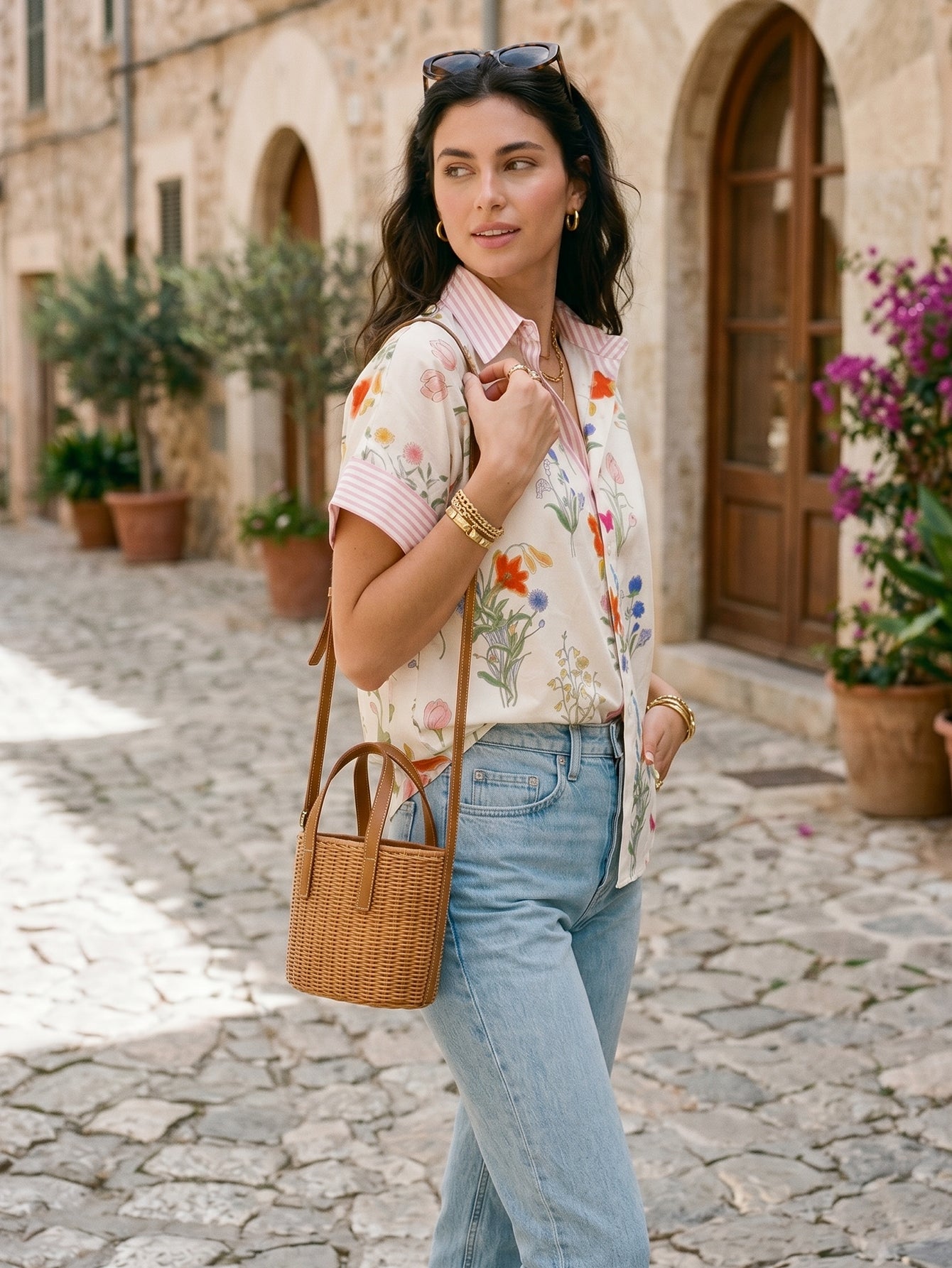 Floral Striped Short Sleeve Button Shirt