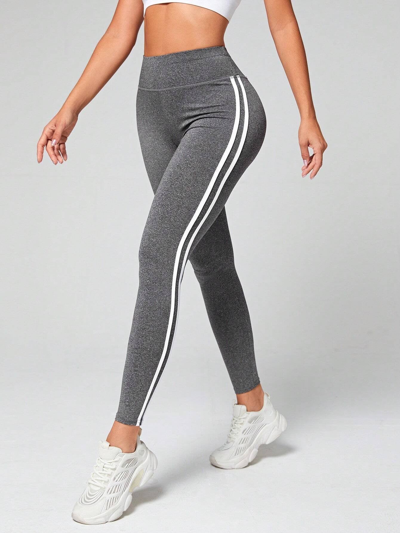 High-Waisted Contrast-Stripe Workout Leggings-Gray